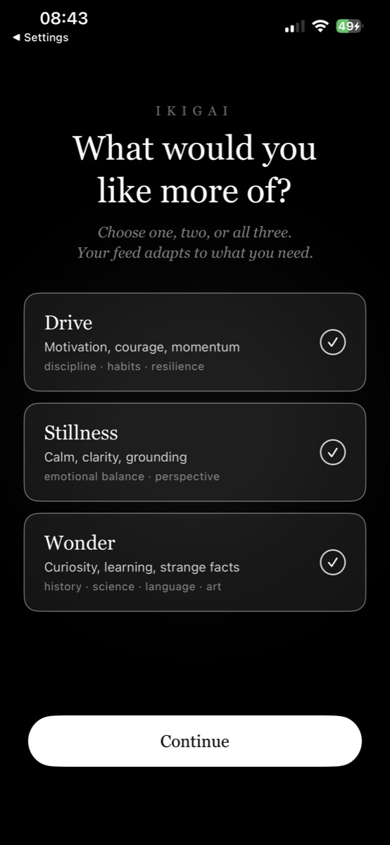 Ikigai Daily ruh hâlleri ekranı